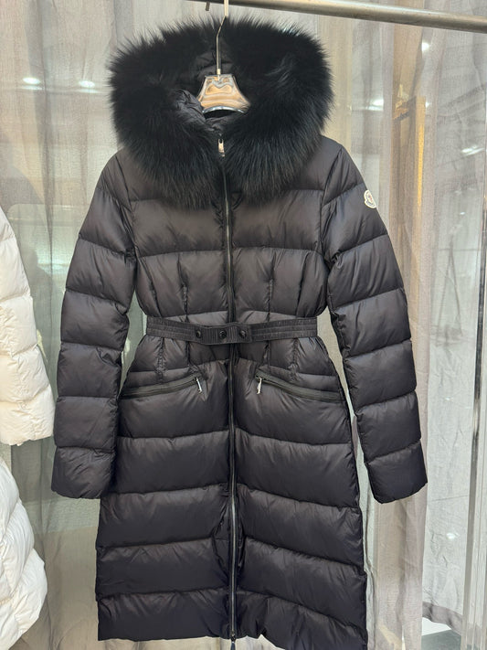 MONCLER BOEDIC BLACK HOODED SHEARLING LONG DOWN JACKET